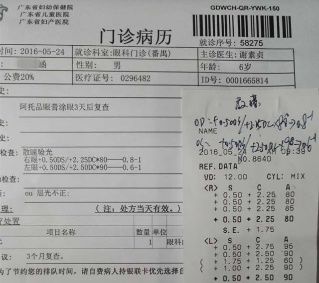 涵涵双眼有250度散光